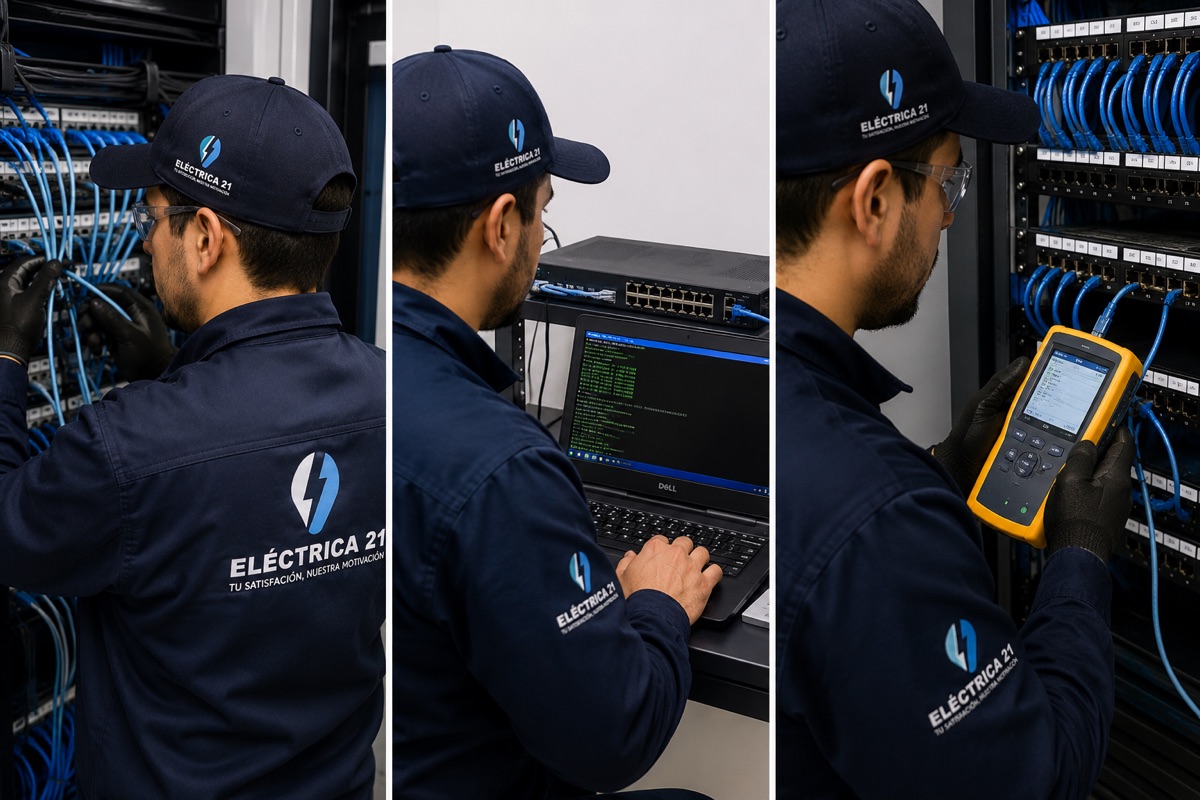 Técnico instalando cableado estructurado de red